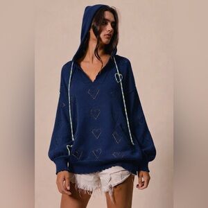 &Merci Navy Heart Knit V-Neck Hoodie Sweater Size M